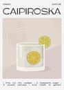 Caipiroska Cocktail garnished with slice of lime. Summer aperitif trendy poster. Minimalist print with alcoholic