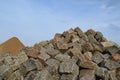 Cairn with big massive limestone rocks piled up at blue sky