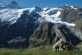 Cairn and peaks in snow nearby Grindelwald in Switzerland