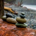 A cairn of wet stones placed on a wooden log against a rocky beach shoreline. Royalty Free Stock Photo