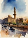 Cairo city Egypt watercolor art Royalty Free Stock Photo