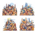 Cairo cityscape scenic cartoon vector set. Egyptian architecture ancient sights temples buildings towers eastern old