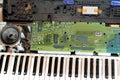Cairo, Egypt, April 1 2023: Broken electronic musical keyboard, cracked non working piano tones keyboard with full size keys,