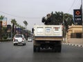 Cairo, Egypt, April 8 2023: Maintenance lift truck with a lifting mechanical equipped crane with a cable for lifting heavy objects