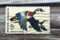 Old used American Stamp printed in United States of America 1968 6 cents features flying ducks Waterfowl Conservation stamp