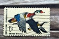 Old used American Stamp printed in United States of America 1968 6 cents features flying ducks Waterfowl Conservation