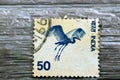 Old used Indian postage stamp printed in India 1975 50p from the country motifs series features gliding bird Virgin Crane