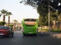 A public transport Egyptian green bus on a highway, selective focus of a public transportation one level touring bus