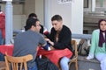 Arterial blood pressure checking station for a blood donor before donation during a blood donation campaign