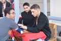 Arterial blood pressure checking station for a blood donor before donation during a blood donation campaign