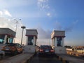 The fee station gates of Rod El Farag axis bridge which is a cable-stayed bridge over the Nile river crossing Cairo