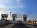 The fee station gates of Rod El Farag axis bridge which is a cable-stayed bridge over the Nile river crossing Cairo