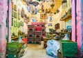 CAIRO, EGYPT - DECEMBER 21, 2017: Interior of souvenir shop in Souk Khan El Khalili with handmade Arabic lights of carved metal