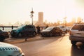 Cairo Egypt December 2021 View of the bridge over the nile river at sunrise. Concepts of traffic and traffic jams in downtown Royalty Free Stock Photo