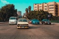 Cairo Egypt December 2021 View of four cars driving in paralel in downtown cairo, crossing over the bridge on river nile. Concepts