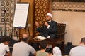 A mosque Imam preacher gives a lecture on the prophetic biography and the prophet practices and Sunnah