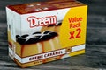 Cairo, Egypt, June 6 2023: Dreem Creme caramel, flan, caramel pudding or custard is a custard dessert with a layer of clear