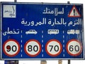 Cairo, Egypt, March 24 2023: A road safety traffic sign for lanes speed limits, left lane 90 KM per hour for overtaking cars, 80