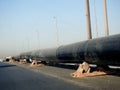 Cairo, Egypt, May 23 2023: preparations to place large water pipe parts in place, sanitation pipes, improvement of infrastructure