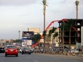 Cairo, Egypt November 14 2023: A truck-mounted concrete boom pump at the side of the road pouring concrete to new building,