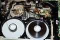 Cairo, Egypt, October 19 2022: Selective focus of the interior of an old obsolete VHS video recorder and player with its