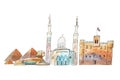 Cairo Egypt Skyline famous landmarks travel and tourism waercolor illustration.