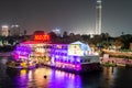 Cairo EGYPT 25.05.2018 view on the Nile City river restaurant boat and the Cairo Tower in Egypt at night illuminated Royalty Free Stock Photo