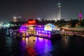 Cairo EGYPT 25.05.2018 view on the Nile City river restaurant boat and the Cairo Tower in Egypt at night illuminated Royalty Free Stock Photo