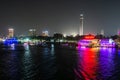 Cairo EGYPT 25.05.2018 view on the Nile City river restaurant boat and the Cairo Tower in Egypt at night illuminated Royalty Free Stock Photo