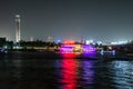 Cairo EGYPT 25.05.2018 view on the Nile City river restaurant boat and the Cairo Tower in Egypt at night illuminated Royalty Free Stock Photo