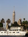 Cairo Tower, Cairo on the Nile in Egypt with the Nile River view: boat and tress