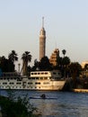 Cairo Tower, Cairo on the Nile in Egypt with the Nile River view: boat and tress