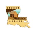 Cajun House and Gator In Louisiana State Map WPA Retro