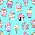 Vector illustration of a seamless pattern of cakes of different colors and shapes. Cupcakes with fillings and details