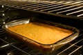 Corn cake baking in oven