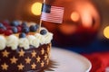 cake with american flag with bokeh background, neural network generated image Royalty Free Stock Photo