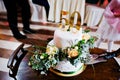 Cake anniversary in 50 at table Royalty Free Stock Photo