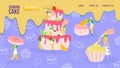 Cake baking concept, tiny people cartoon characters, website page template, vector illustration