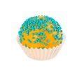 Cake ball in yellow glaze with blue sprinkles