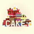 Cake banner, poster vector illustration. Chocolate and fruity desserts for sweet shop with fresh and tasty cupcakes