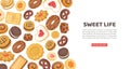 Cake banner, sweet life vector illustration. Cookie, cupcake sweet food pastry, delicious design web page. Sugar dessert