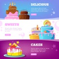 Cake banners. Birthday baking products with syrup chocolate vanilla wedding cakes vector cartoon illustrations Royalty Free Stock Photo