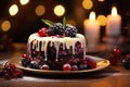 A cake with berries and white icing on a plate with festive lighting in the background