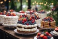 Cake with berries on a wooden table. Selective focus, Sweet tasty cakes with berries and cream on dessert table at wedding party,