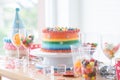 Cake on birthday with rainbow butter cream decorated with sugar candies, colorful sprinkles. Beautiful cake placed on stand with Royalty Free Stock Photo