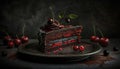 cake biscuit black cake piece of cherry on a dark black background. Generative AI.