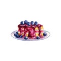 Cake with blueberries. Sweet piece of blueberry dessert. Watercolor illustrations. Isolated. For labels, packaging.