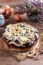 Cake with blueberry decorated with mint on wooden table. Breakfast morning table Royalty Free Stock Photo