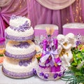 Cake and bottles of wine on a decorated wedding table Royalty Free Stock Photo