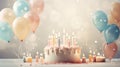 Cake with burning candles and balloons on light background, closeup